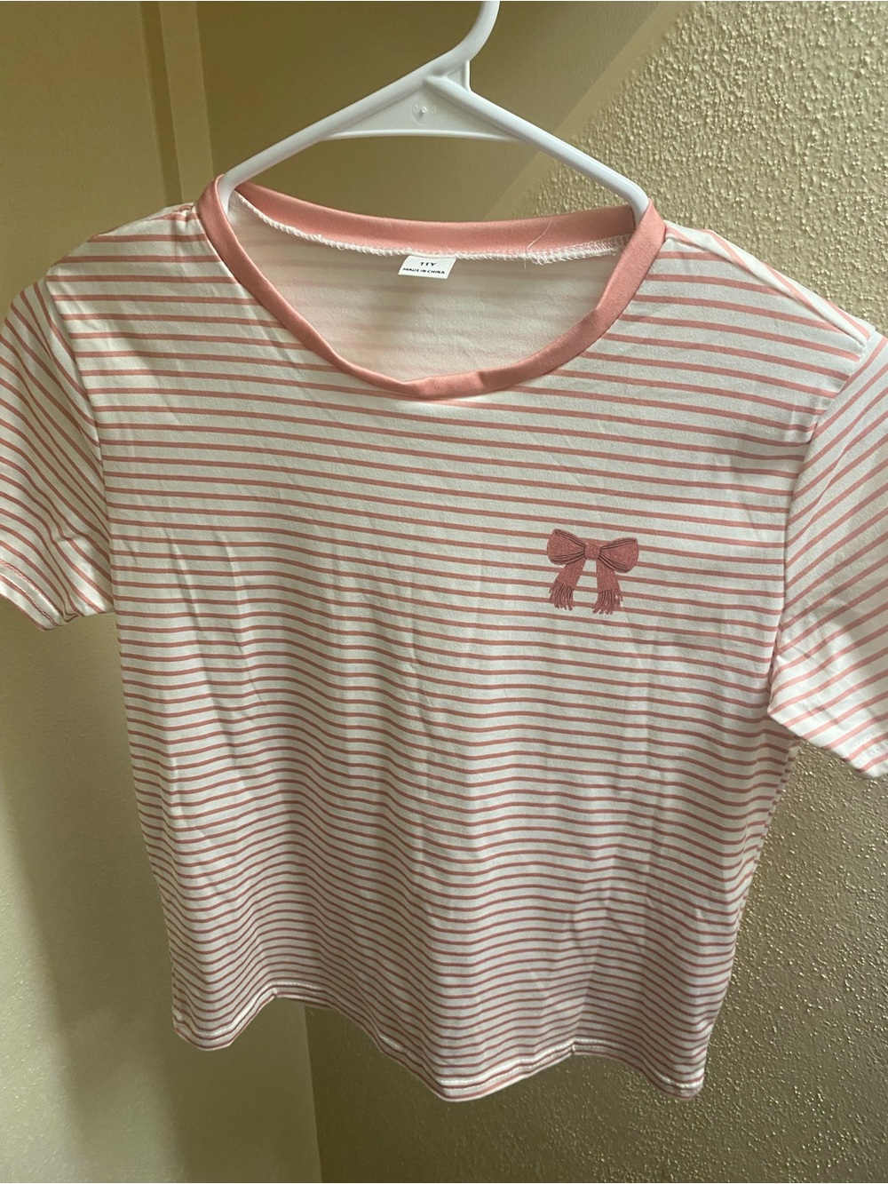 SHEIN Pink & White Striped Tee with Bow Graphic
